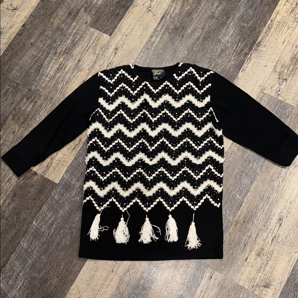 Black and White Zigzag Sweater Dresss with Tassels. Vintage